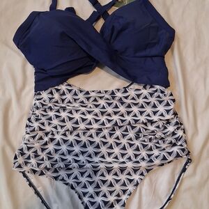 Navy and White Patterned Swimsuit